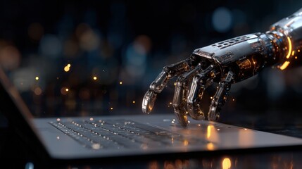 Digital Touch: A metallic hand of a robot interacts with a laptop, the image representing the intersection of artificial intelligence and technology, embodying the futuristic progression.