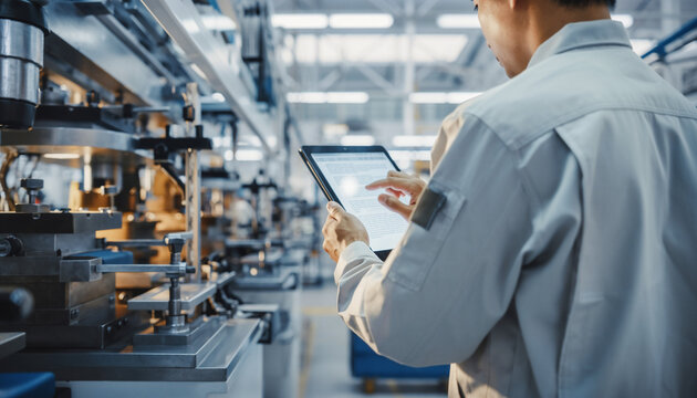工場内でタブレットを操作する日本人作業員の後ろ姿