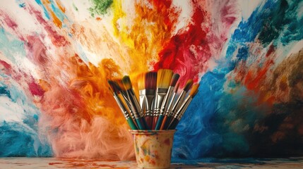 Fototapeta premium Creative explosion of colors from a paintbrush cup