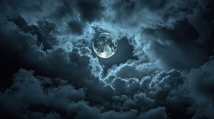 Full moon surrounded by thick dark clouds at night, opening in clouds reveals illuminated lunar surface with visible texture and contrast, creating a moody atmospheric scene. Generative by AI