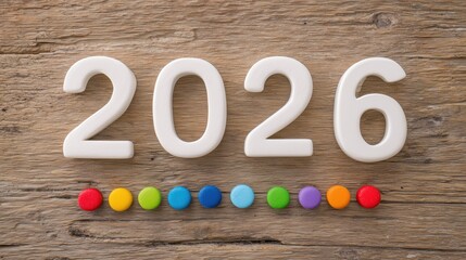 2026 Wooden Number Layout – Colorful Minimal New Year Concept on Natural Wood