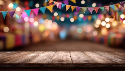 Festive evening marketplace with string lights and wooden table