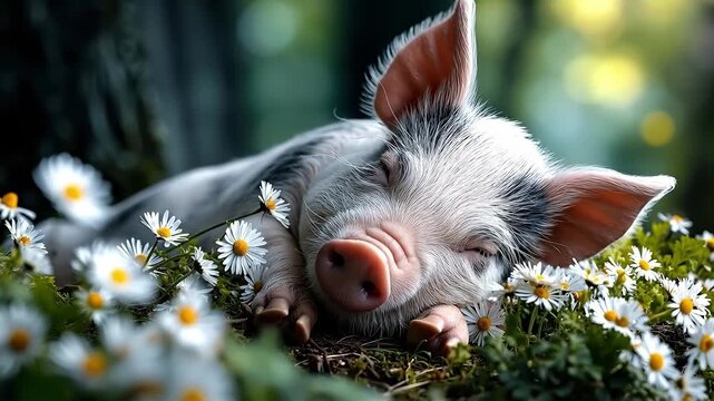 A small pig sleeping in a field of daisies