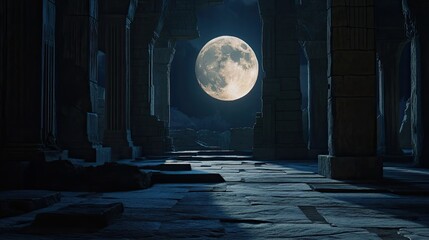 Full moon rises above ancient stone ruins with tall weathered columns casting long shadows on cracked stone pavement under dark, cloudy night sky. Generative by AI