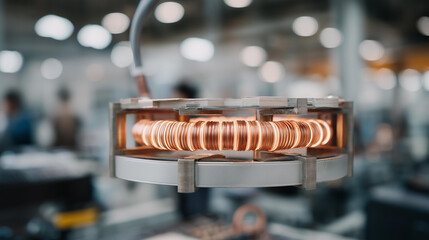 A close-up of electromagnetic coils glowing with copper warmth inside a transparent casing, electric currents pulsing rhythmically as engineers run high-voltage tests — industrial electromagnetism,