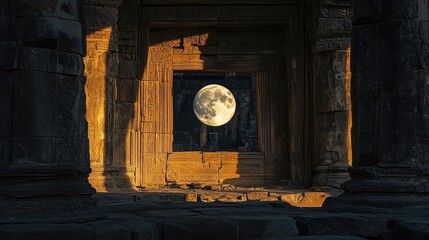 Full moon rises above ancient stone ruins with tall weathered columns casting long shadows on cracked stone pavement under dark, cloudy night sky. Generative by AI