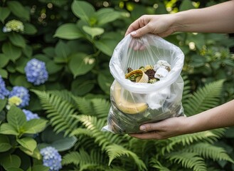 Hands Holding Clear Plastic Bag Filled With Kitchen Scraps And Banana Peel For Composting In A Lush Green Garden With Hydrangeas And Ferns