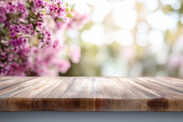 Wooden table top with blurred background of pink flowers and bokeh