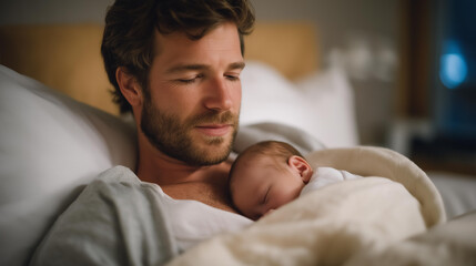 A father practicing kangaroo care with his premature baby resting against his chest, soft blankets and skin-to-skin contact promoting early developmental stability &mdash; emotional neonatal bonding and
