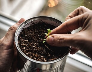 Close Up Of Hands Gently Tending A Small Seedling Planted In A Recycled Metal Can Filled With Dark Soil Near A Window With Soft Natural Light