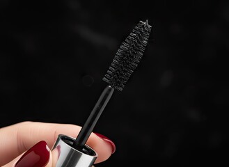 Close Up Of A Woman's Hand Holding A Black Mascara Wand With A Dark Background