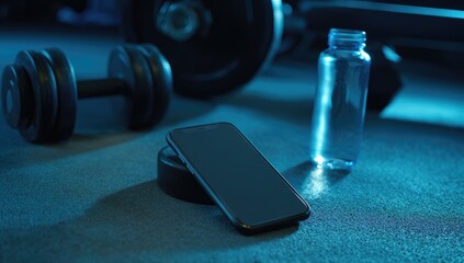 Smartphone rests on a stand beside a dumbbell and water bottle