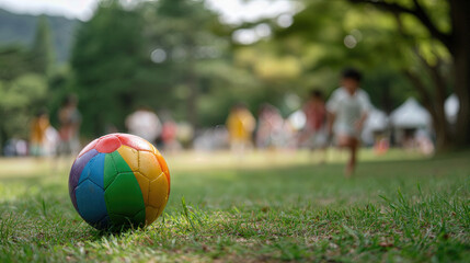 A colorful soccer ball rests on green grass in a park. Children play in the background, enjoying a sunny day outdoors.