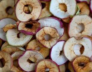 Close Up Overhead View Of Dehydrated Apple Slices With Visible Seeds And Skin Texture