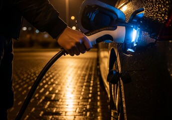 Person charging an electric car during a rainy night, highlighting the growth and usage of electric vehicles and sustainable transportation options