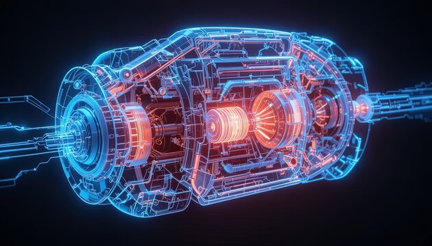 Desain mesin futuristik dengan detail bercahaya yang rumit untuk konsep teknologi canggih dan inovasi teknik, menciptakan representasi visual dari kemajuan.