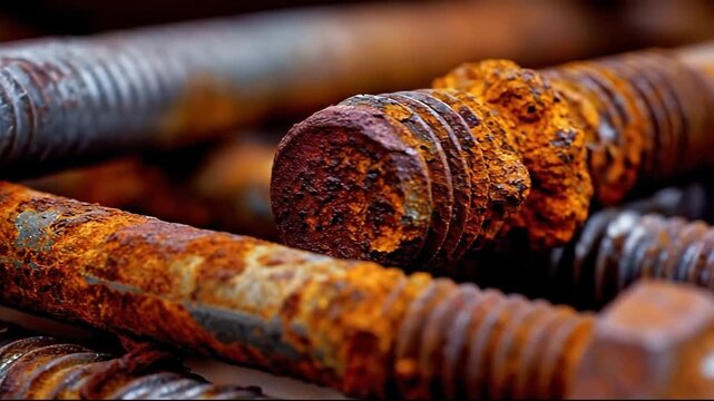 Close-up of rusted bolts showcasing intricate textures and decaying metal.