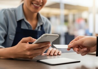 Smiling waitress using smartphone for contactless payment while the customer is giving a credit card, for a convenient and modern transaction