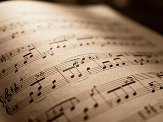 Close-up of sheet music with musical notes and staff lines on aged paper