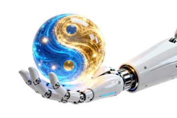 Robotic hand presenting a glowing yin-yang sphere on transparent background, ideal png clipart for balance concepts, mindfulness themes, harmony visuals, spiritual infographics and futuristic wellness
