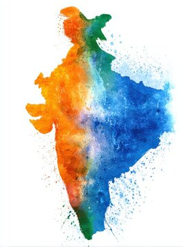 Watercolor map of a country in orange, green, and blue hues