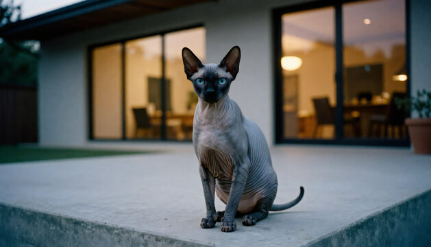 Sphynx cat sitting on a patio in front of a modern house at dusk