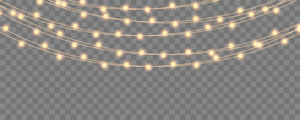 Glowing colorful hanging Christmas lights, decoration lights realistic design elements, bright garlands bulbs, glowing lights on transparent background