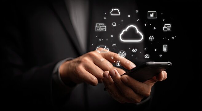Person in suit uses phone with glowing cloud icons floating above - Powered by Adobe