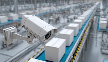 White surveillance camera watches boxes on a conveyor belt in a warehouse