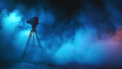Vintage camera on tripod shrouded in dramatic, colorful atmospheric smoke