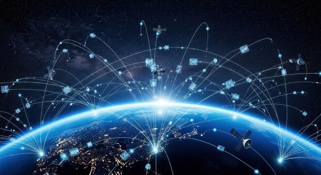 Global digital network connecting earth with futuristic satellite communications