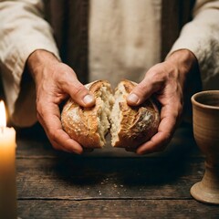 Sacred Ritual of Breaking Bread over a Rustic Table with Candle and Chalice