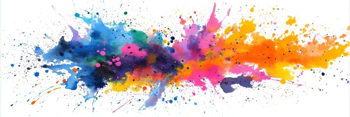 Obraz premium Watercolor splashing creating vibrant colorful abstract background. Watercolor paint creating bright, multicolored splatters and blotches on a clean white surface