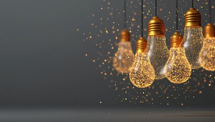 Illuminated glowing bulbs suspended with golden sparks on dark background