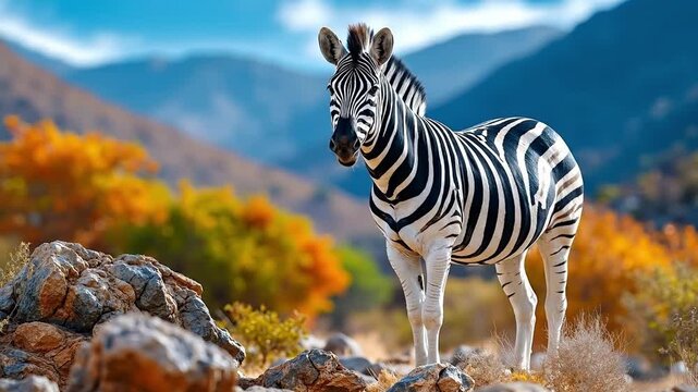 A zebra standing on top of a rocky hillside next to a mountain