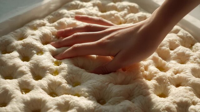 Hand Pressing Soft Focaccia Dough Creating Airy Texture and Culinary Delight in Baking Preparation for Food Lovers
