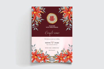 WEDDING INVITATION FRAME WITH FLOWER DECORATIONS AND FRESH LEAVES