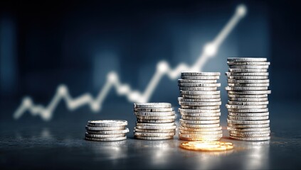 Stacks of coins ascend with upward trending financial graph