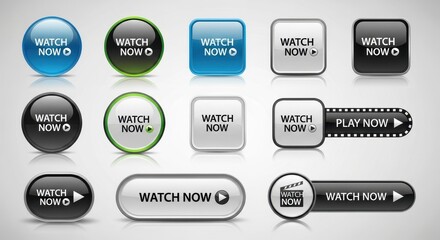 Glossy watch now button collection for web design showcasing diverse button styles