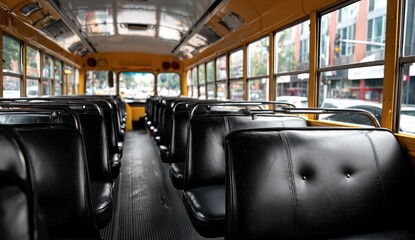 Interior view of a yellow school bus showing rows of black seats and windows