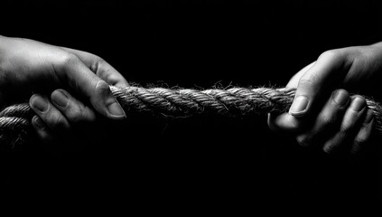 Two hands gripping a thick, rough rope in a tug-of-war against a dark background