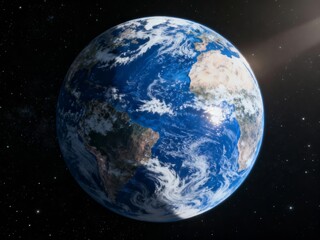 Obraz premium Earth viewed from space, showcasing continents, oceans, and cloud formations against a starry background