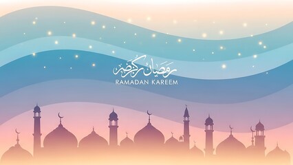 "Ramadan Kareem Greeting - Mosque Skyline Pastel Sunset Background Stock Illustration"