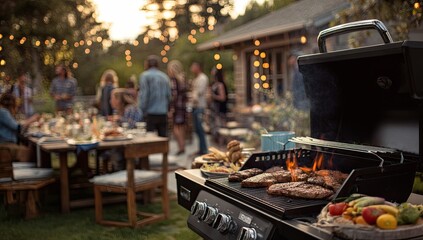 People enjoy a summer evening barbecue with food and drinks