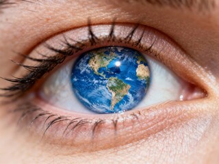 Naklejka premium Human eye with Earth reflected in the iris, symbolizing global awareness and environmental connection