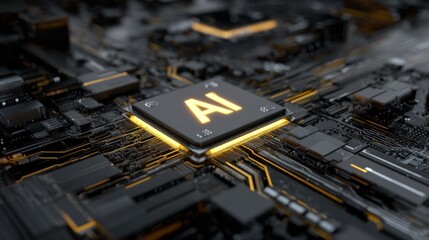 AI Processor's Core: A close-up view unveils the intricate heart of technological innovation—an illuminated AI processor. The radiant core of a sophisticated circuit board