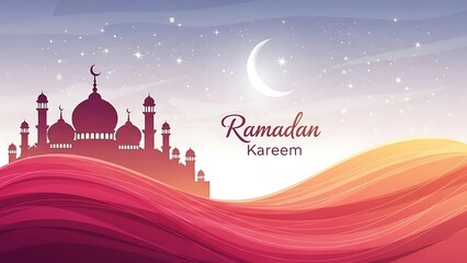 "Ramadan Kareem Mosque Silhouette - Vibrant Sunset Waves Background Stock Illustration"