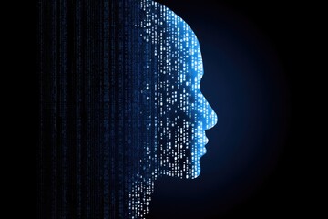 Digital human head profile dissolving into cascading binary code streams