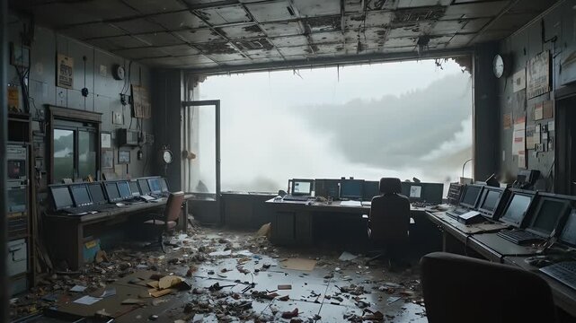 Dramatic scene of flooding outside an abandoned control room with vintage computer equipment