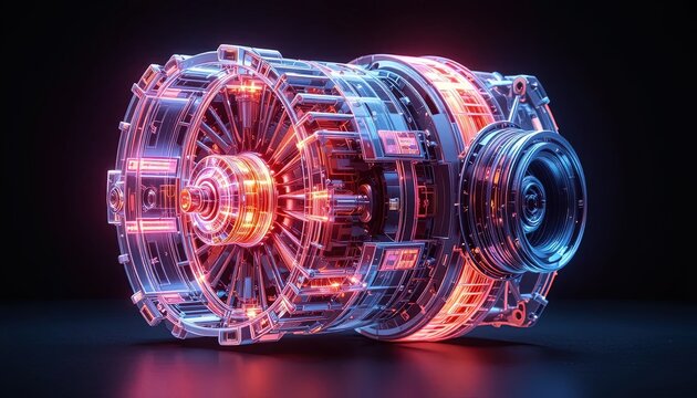 Desain mesin futuristik dengan aksen neon bercahaya yang menampilkan inovasi dalam teknologi dan teknik, sempurna untuk tema fiksi ilmiah atau industri.